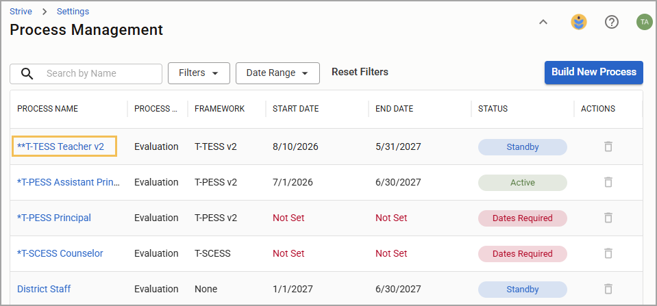 Process management table displaying various evaluation processes.